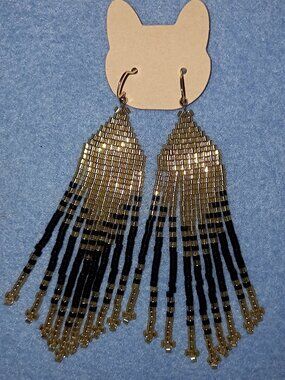 NWT Handmade Beaded Gold Black Fringe Earrings Long Statement Boho